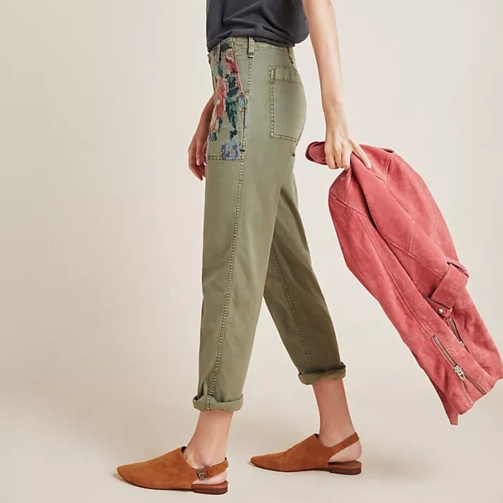 Anthropologie Floral Tapestry Pocket Pants Women Size 30 Olive Green Boho Artsy - Picture 2 of 10